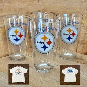 Pittsburgh Steelers Bud Light Clear Pint Glass Set w/ Promo Shirt Large NFL Beer